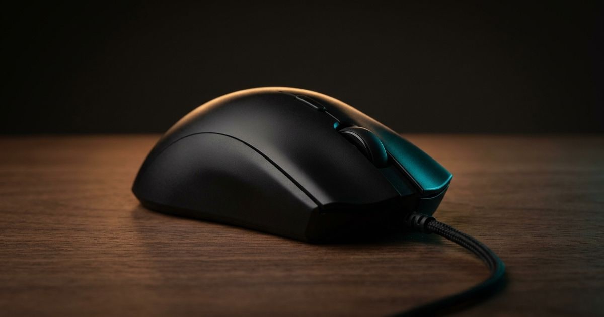 Editorial studio rendering of an iconic black gaming computer mouse with a curved palm shape and a black braided cable, sitting on a dark walnut surface under a warm tungsten rim light with a subtle cyan accent.