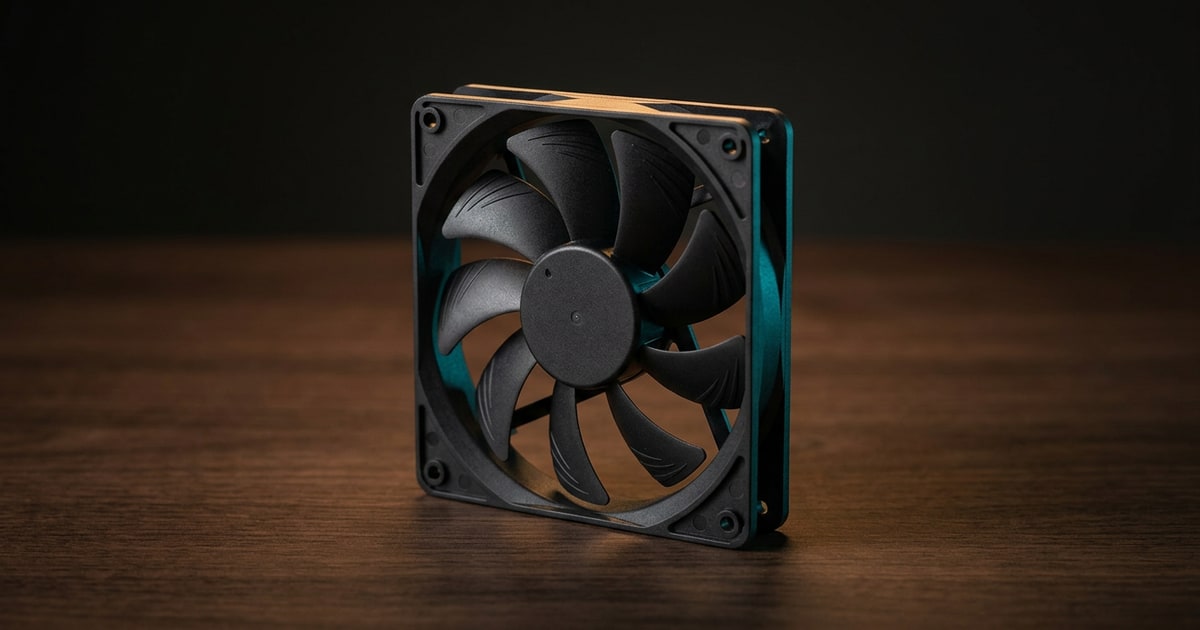 Editorial studio rendering of a 120mm PC case fan with a black frame and curved blades, sitting on a dark walnut surface under a warm tungsten rim light with a subtle cyan accent.