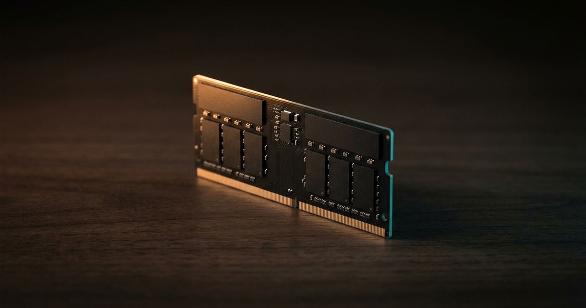 Editorial studio rendering of a laptop SODIMM memory module standing on a dark walnut surface under a warm tungsten rim light with a subtle cyan accent.
