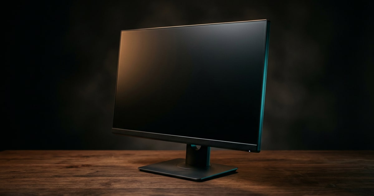 Editorial studio rendering of a thin-bezel LCD desktop monitor on a stand with a dark screen, sitting on a dark walnut surface under a warm tungsten rim light with a subtle cyan accent.