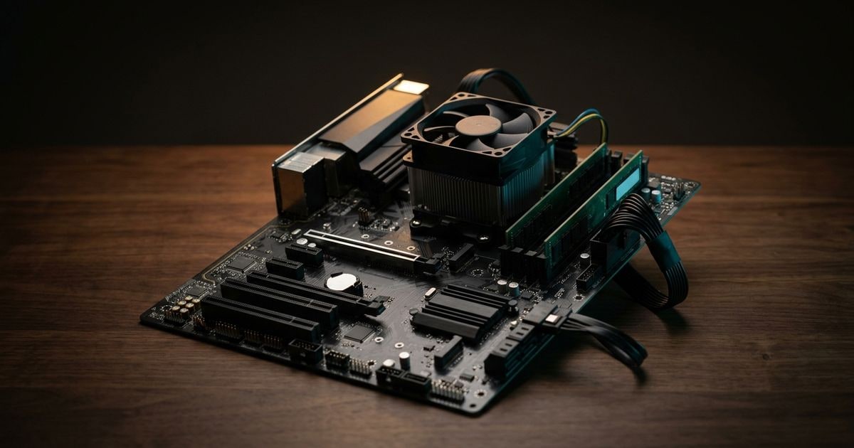 Editorial studio rendering of an open ATX desktop motherboard with CPU cooler, RAM, and connected cables, sitting on a dark walnut surface under a warm tungsten rim light with a subtle cyan accent.