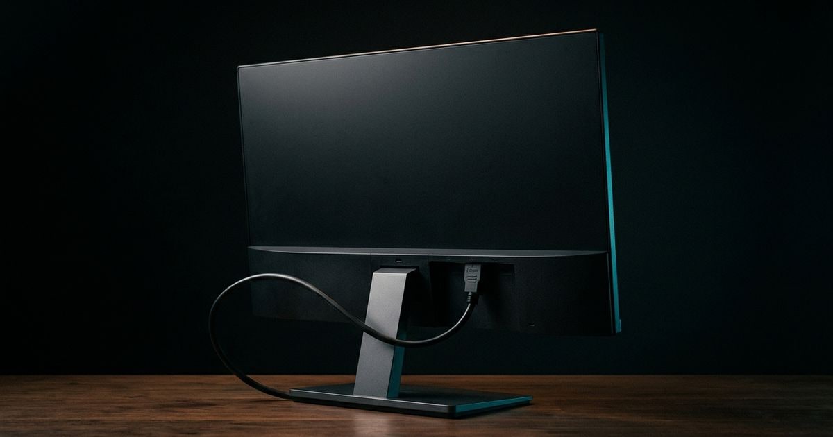 Editorial studio rendering of a desktop LCD monitor seen from behind with an HDMI cable plugged into its video input, sitting on a dark walnut surface under a warm tungsten rim light with a subtle cyan accent.