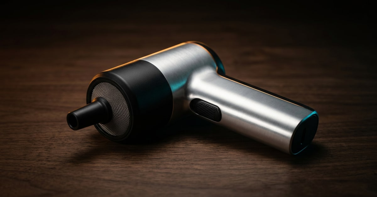 Editorial studio rendering of a precision air-blower tool used to clean dust from PC vents, sitting on a dark walnut surface under a warm tungsten rim light with a subtle cyan accent.