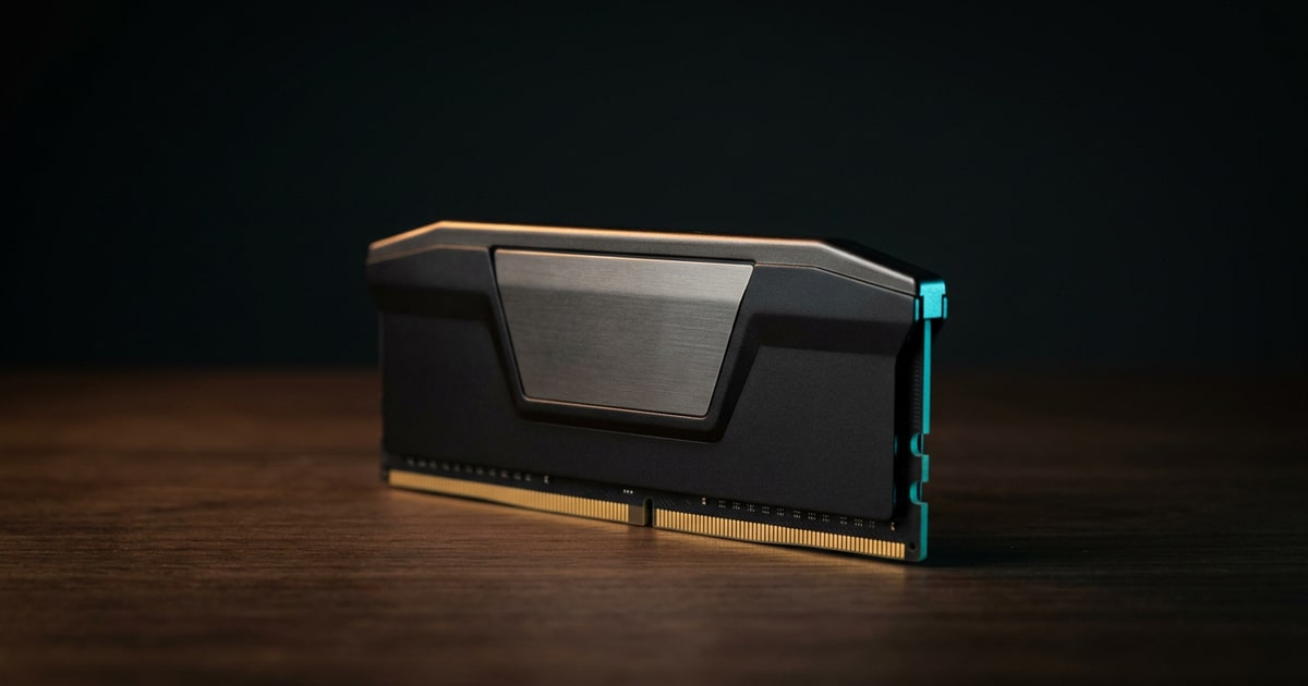 Editorial studio rendering of a desktop DDR DIMM memory module with a black-and-silver heatspreader, standing on a dark walnut surface under a warm tungsten rim light with a subtle cyan accent.
