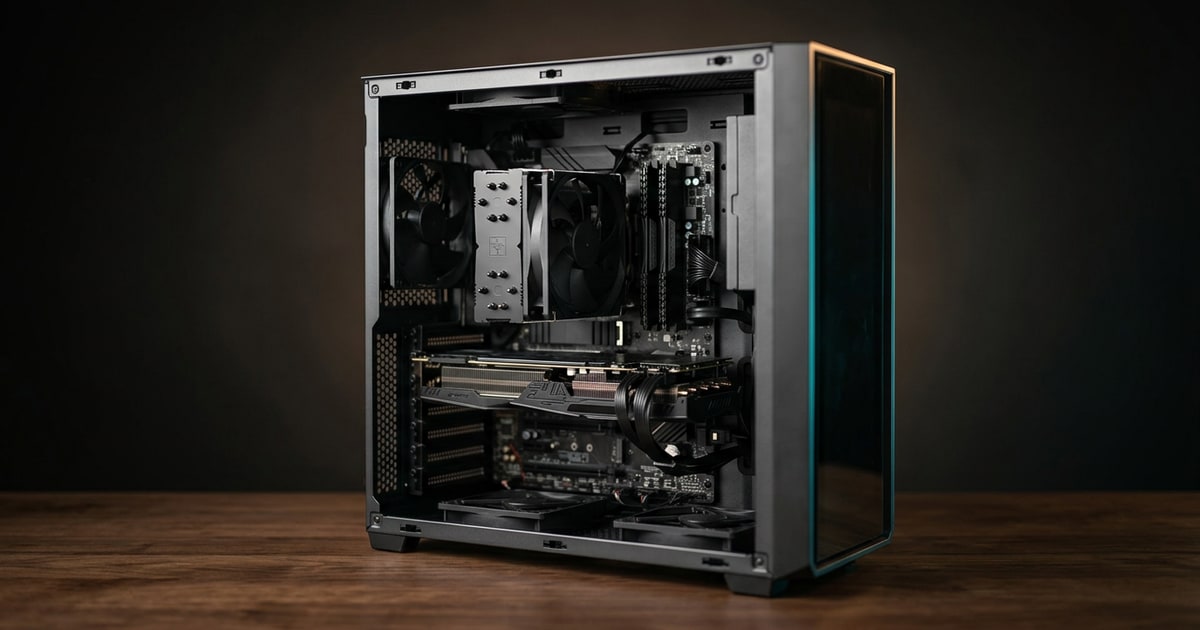 Editorial studio rendering of an open ATX desktop PC tower seen from the side, showing the motherboard, graphics card, and CPU cooler inside, sitting on a dark walnut surface under a warm tungsten rim light with a subtle cyan accent.