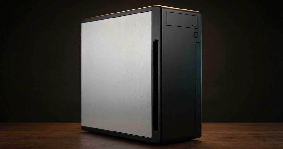 Editorial studio rendering of a black aluminum ATX mid tower case sitting on a dark walnut surface, lit by a warm tungsten rim light with a subtle cyan accent.