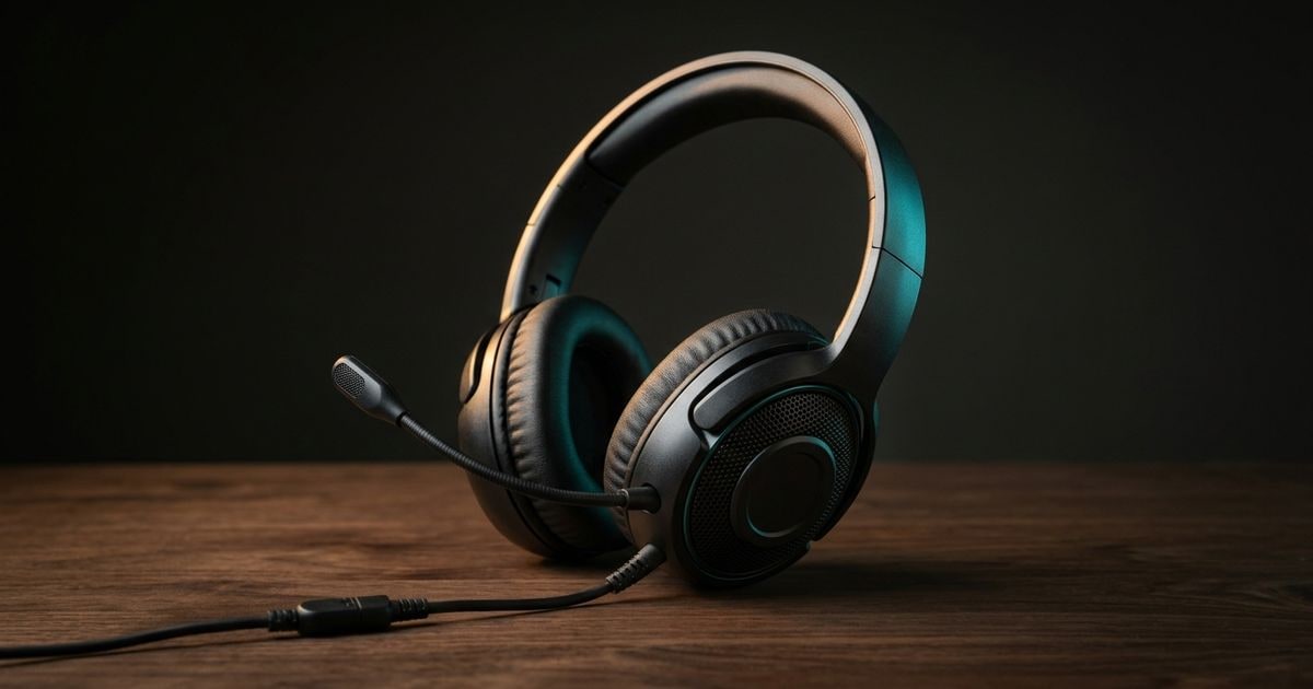 Editorial studio rendering of an over-ear gaming headset with a boom microphone, sitting on a dark walnut surface under a warm tungsten rim light with a subtle cyan accent.
