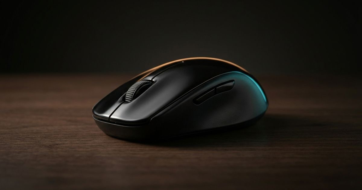 Editorial studio rendering of a black wireless computer mouse with a scroll wheel and side button, sitting on a dark walnut surface under a warm tungsten rim light with a subtle cyan accent.