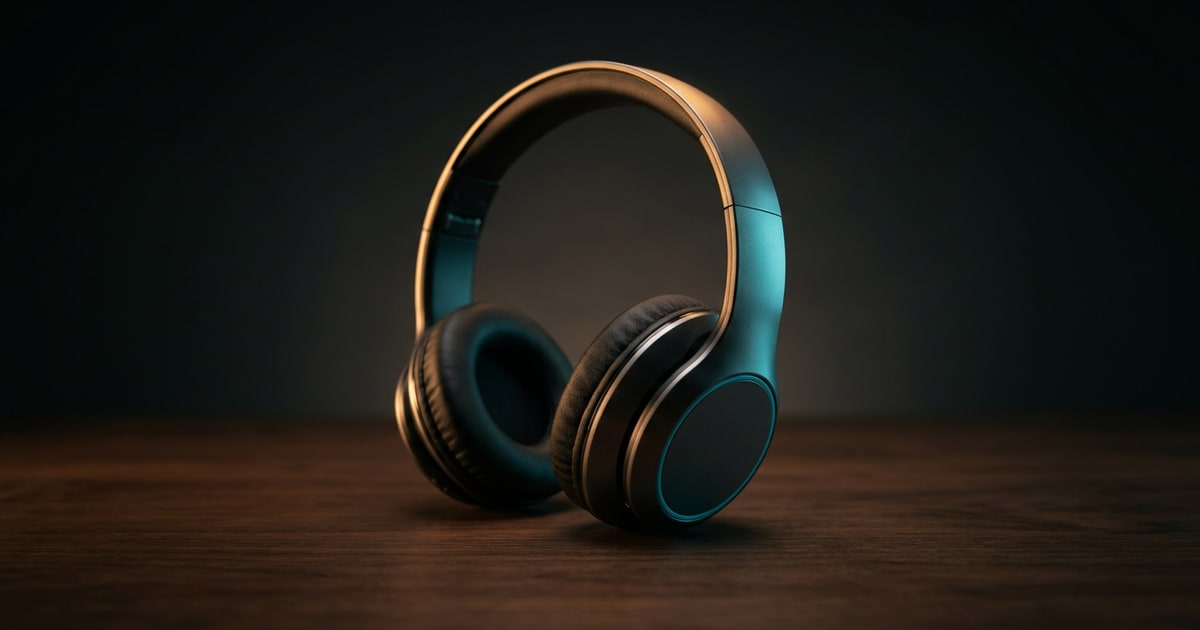 Editorial studio rendering of a pair of over-ear wireless stereo headphones, sitting on a dark walnut surface under a warm tungsten rim light with a subtle cyan accent.