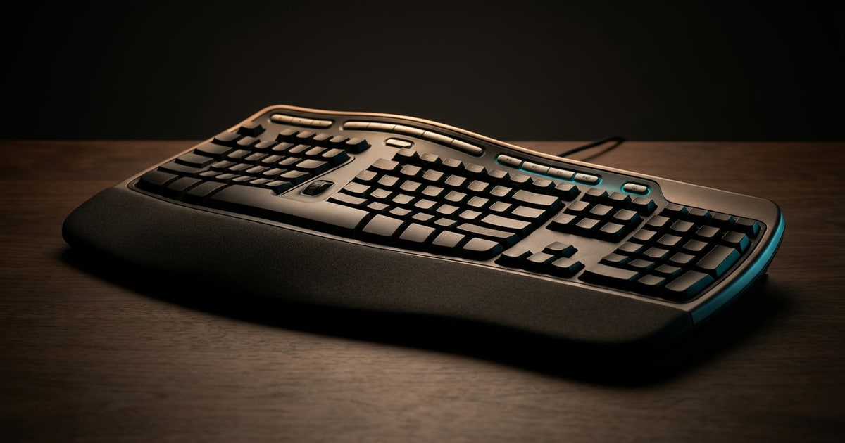 Editorial studio rendering of a curved split-layout ergonomic keyboard with an integrated palm rest, sitting on a dark walnut surface under a warm tungsten rim light with a subtle cyan accent.