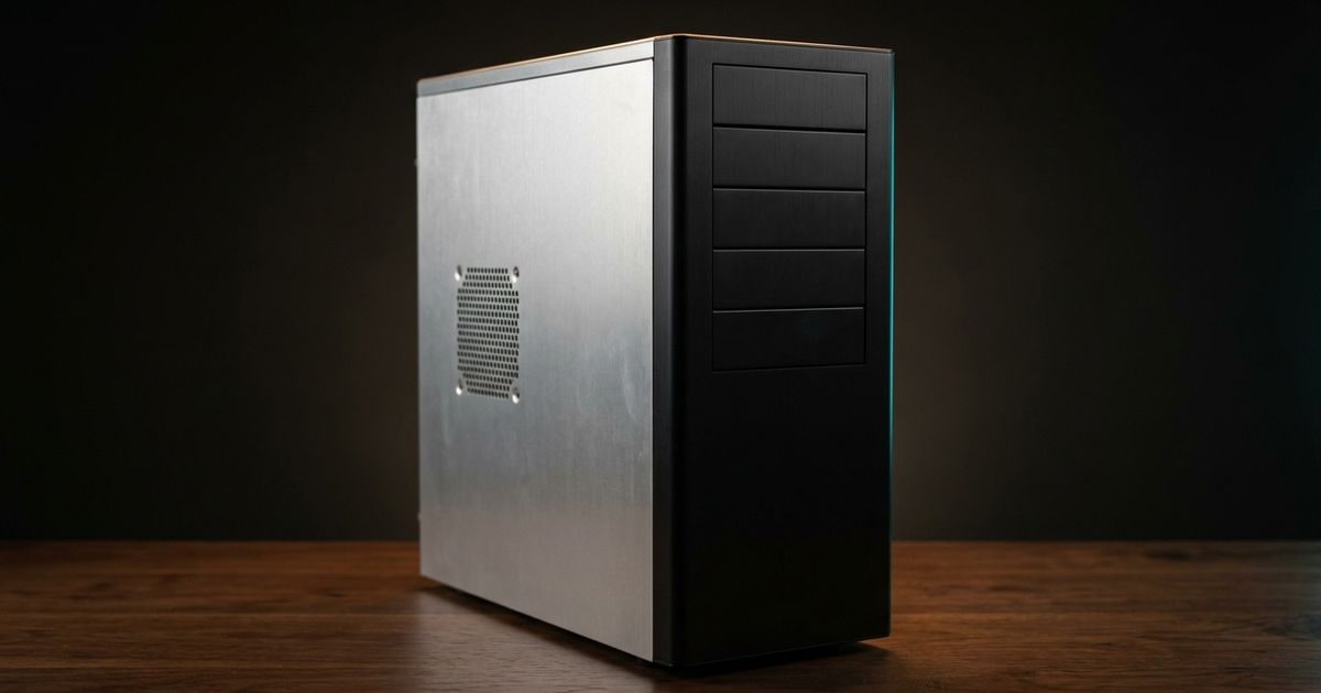 Editorial studio rendering of an early-2000s full-tower aluminum ATX case with stacked 5.25-inch drive bays and a brushed-aluminum side panel, sitting on a dark walnut surface under a warm tungsten rim light.