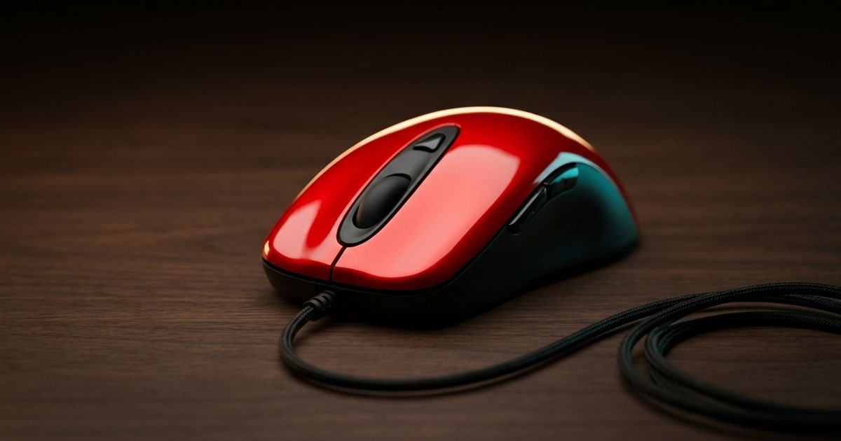 Editorial studio rendering of a 2005-era glossy red wired six-button laser mouse with a curved palm-grip silhouette and a black braided cable, sitting on a dark walnut surface under a warm tungsten rim light with a subtle cyan accent.