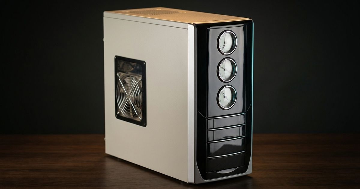 Editorial studio rendering of a mid-2000s ATX mid-tower case with three round analog gauges on a glossy black-and-silver front bezel and a side window, sitting on a dark walnut surface under a warm tungsten rim light.