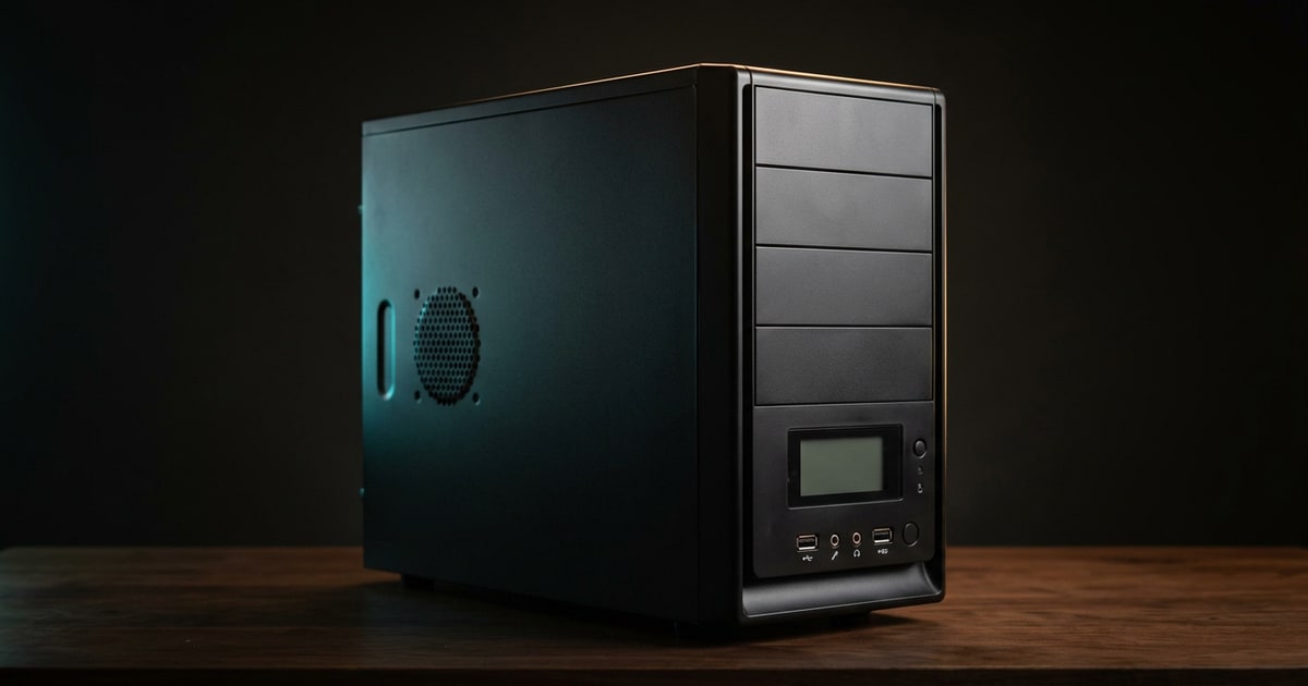 Editorial studio rendering of a mid-2000s black steel ATX mid-tower case with stacked 5.25-inch drive bays and a small front thermal LCD, sitting on a dark walnut surface under a warm tungsten rim light with a subtle cyan accent.